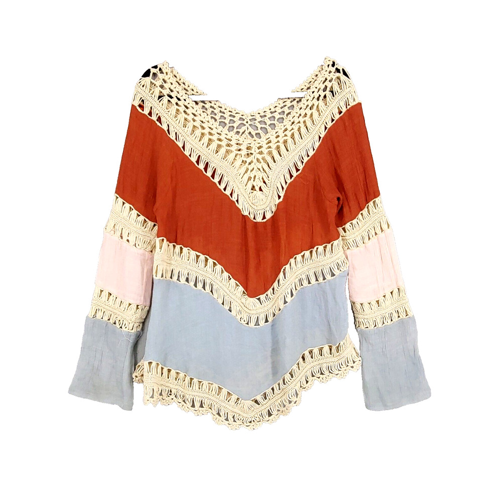 Crochet Trim Cutout Boho Hippie Blouse Med Tunic Long Sleeves Blue Orange White